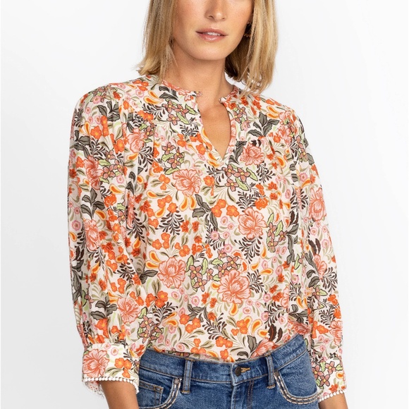 Johnny Was Valencia Circle Yoke Blouse Top Sz Large Floral Cuff Multicolor - Picture 1 of 14